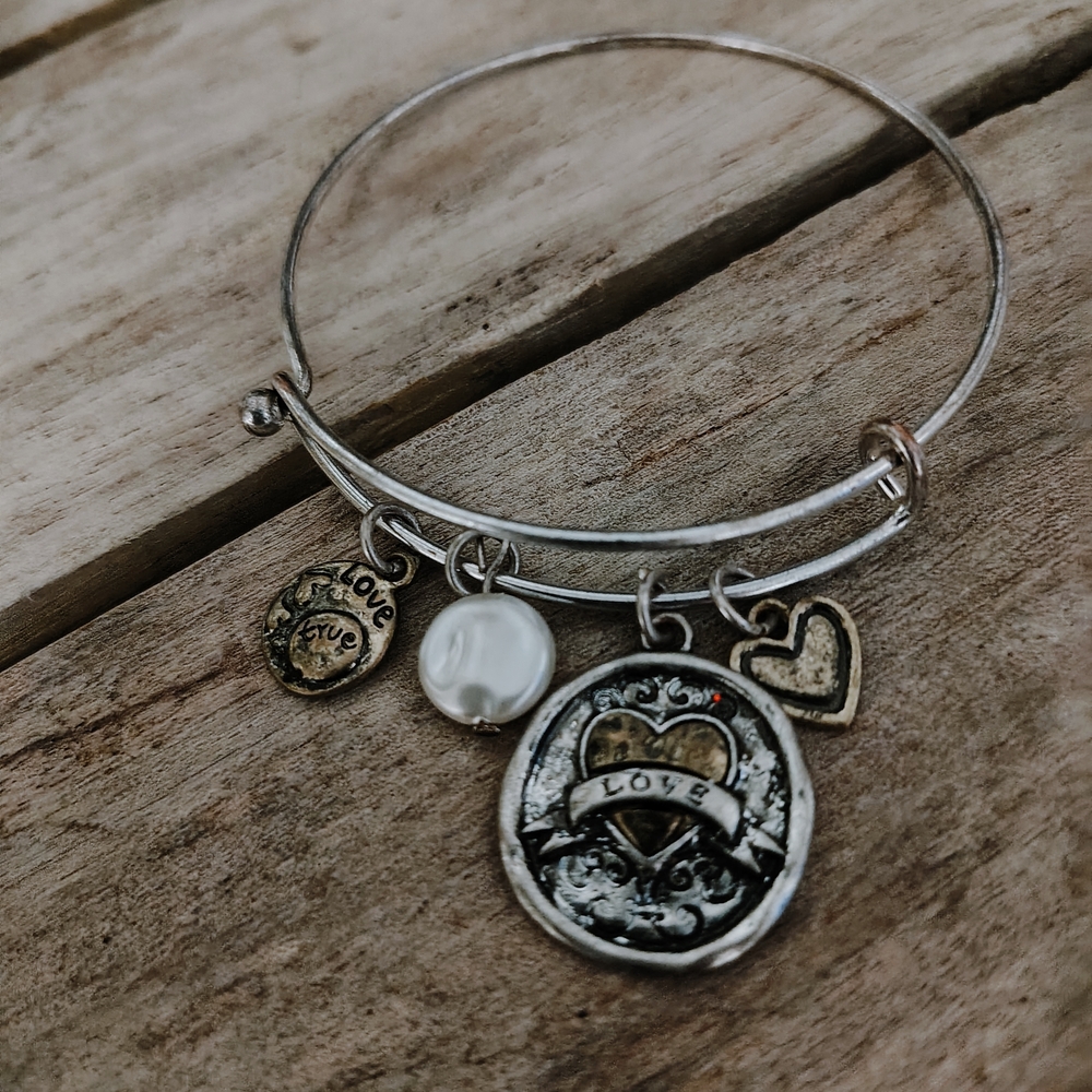 Silver-Tone Love Charm Bangle Bracelet with Pearl Accent